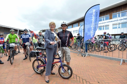 Dated: 11/06/17 Saddle Up... The Big Bike Ride takes place today (Sun) in Sunderland. The Mayor of Sunderland, Councillor Doris MacKnight, started the 300 cyclists from the Sir Tom Cowie campus on St Peter's Riverside. The Mayor is pictured trying out an old Raleigh Chopper bike belonging to Nigel Bradley (also pictured) #NorthNewsAndPictures/2daymedia